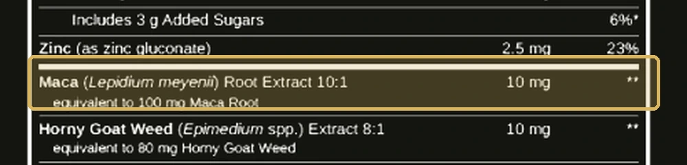 The Supplement Facts line for Maca Root Extract 10:1, 10 mg