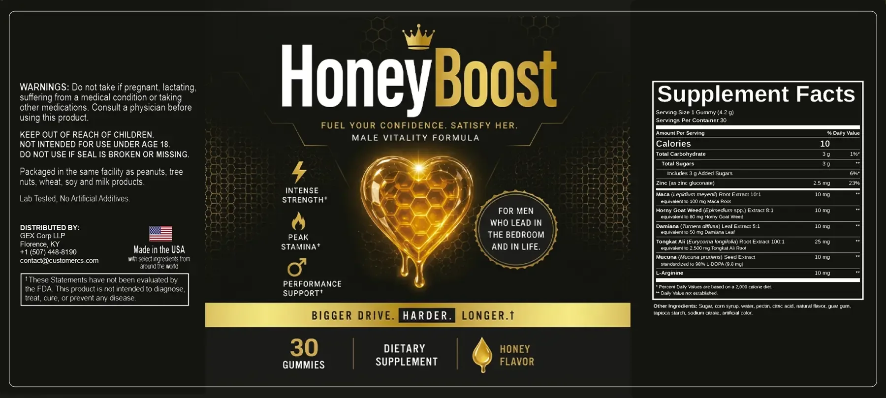 The HoneyBoost label laid flat: warnings and distributor on the left, the front with the crown wordmark and gold honeycomb heart in the middle, and the Supplement Facts panel on the right